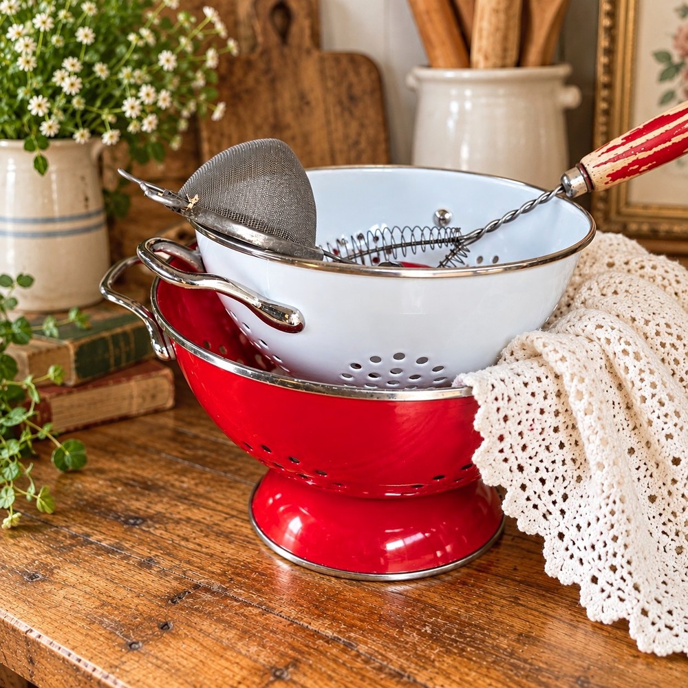 Vintage Enamel Colander & Kitchen Utensil Set Red White Farmhouse Cottage Decor
